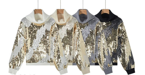 Sequin Embellished Cowl Ribbed Knit