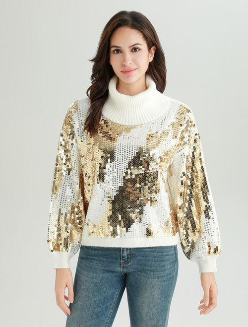 Sequin Embellished Cowl Ribbed Knit