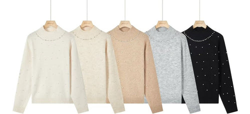 Pearl Diamante Detail Turtle Ribbed Knit