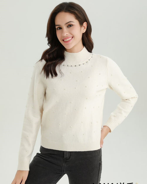 Pearl Diamante Detail Turtle Ribbed Knit