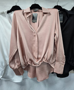 Sateen V Collar High Low Padded Shoulder Blouse