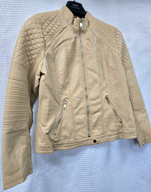 Beige Quilted Mandarin Neck Vegan Leather Look Jacket