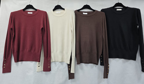 Gold Button Soft Crew Neck Fine Knit