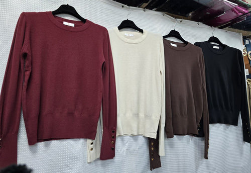 Gold Button Soft Crew Neck Fine Knit