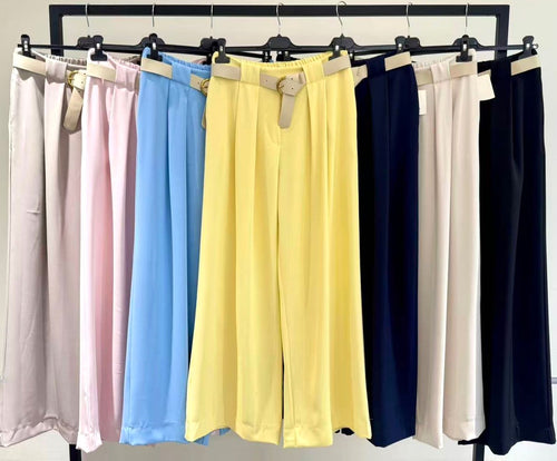 Wide Leg Beige Belted Trousers