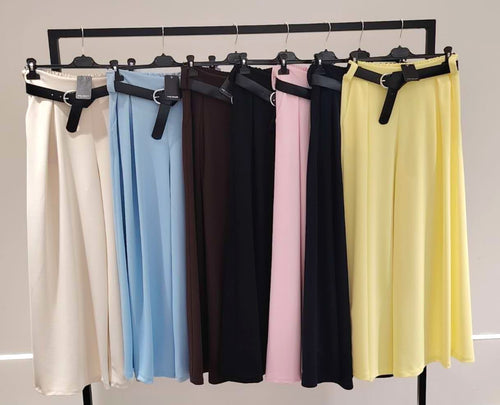 Plain Crepe Wide Leg Black Belted Trousers