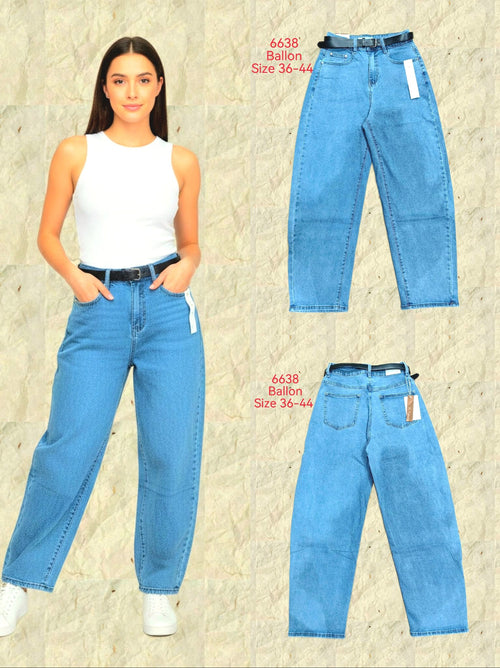 Balloon Light Wash Denim Jeans with Black Belt