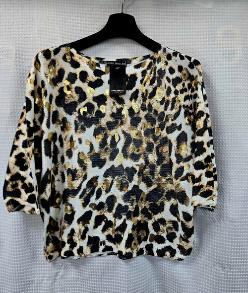 Leopard Gold Foil Print V Mesh Fine Knit
