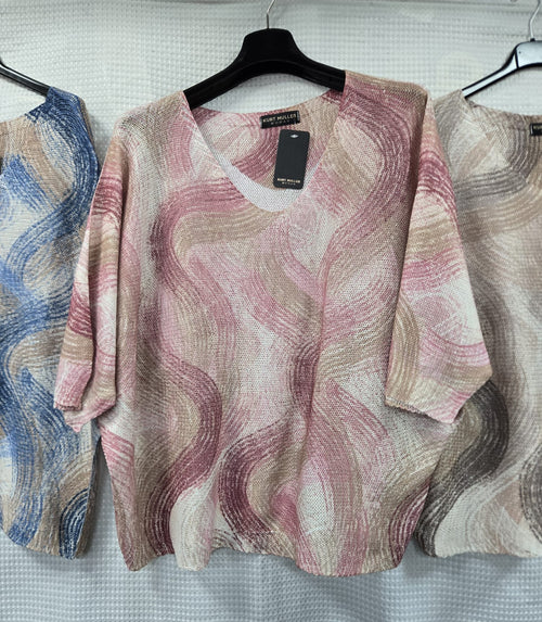 Swirls Print V Mesh Fine Knit