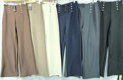 Silver Button Wide Leg Scuba Cotton Bi Stretch Trousers