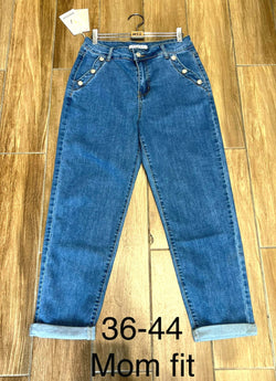 Mom fit Silver Button Turn up Strech Jeans