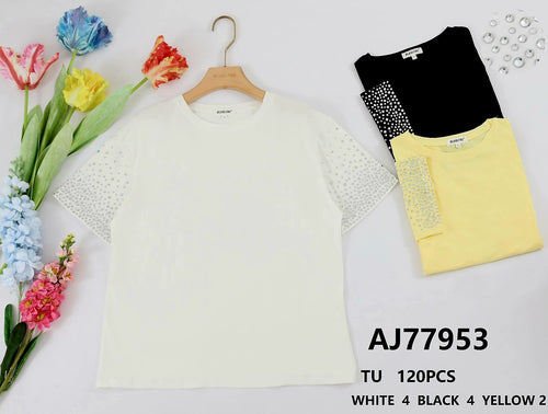 Crystal Sleeve Cotton T-shirt Top