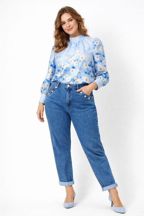 Mom fit Silver Button Turn up Strech Jeans