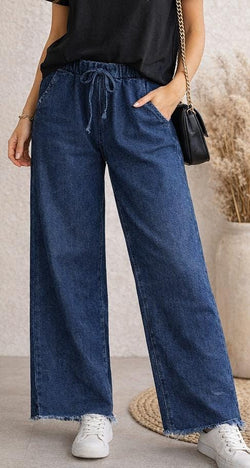 Frayed Hem Soft Denim Wide Leg Stretch Trousers