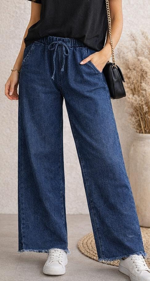 Frayed Hem Soft Denim Wide Leg Stretch Trousers