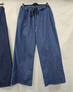 Frayed Hem Soft Denim Wide Leg Stretch Trousers