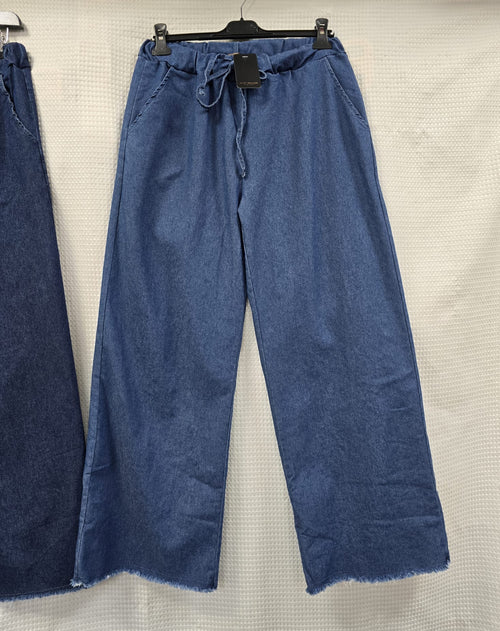 Frayed Hem Soft Denim Wide Leg Stretch Trousers