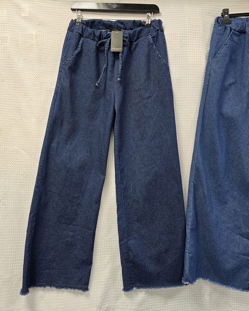 Frayed Hem Soft Denim Wide Leg Stretch Trousers