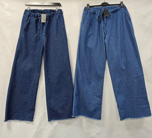 Frayed Hem Soft Denim Wide Leg Stretch Trousers