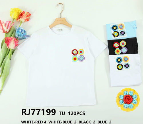 Crochet Embroidery Pocket Cotton T-shirt