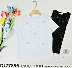 Stud 3D Flower Sequin Cotton T-shirt
