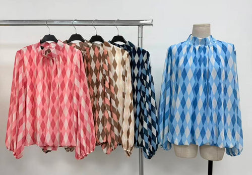 Harlequin Diamond Print Bubble Hem Blouse