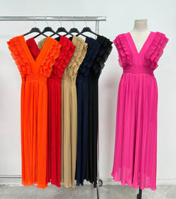 Frill Sleeve Double V Pleated Jumpsuit