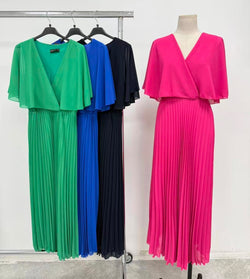 Cape V Neck Pleated Maxi Dress