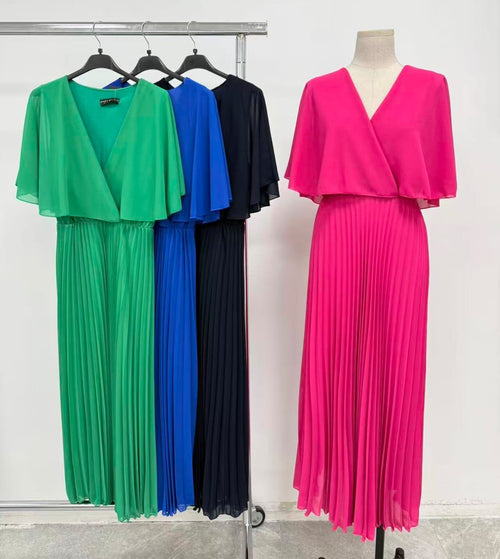 Cape V Neck Pleated Maxi Dress