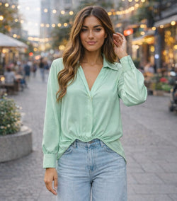 Sateen V Collar High Low Padded Shoulder Blouse