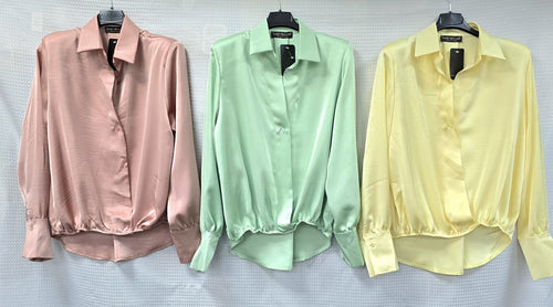 Sateen V Collar High Low Padded Shoulder Blouse