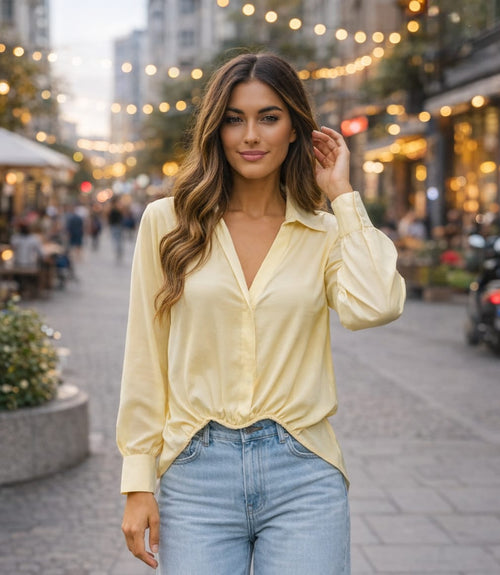 Sateen V Collar High Low Padded Shoulder Blouse