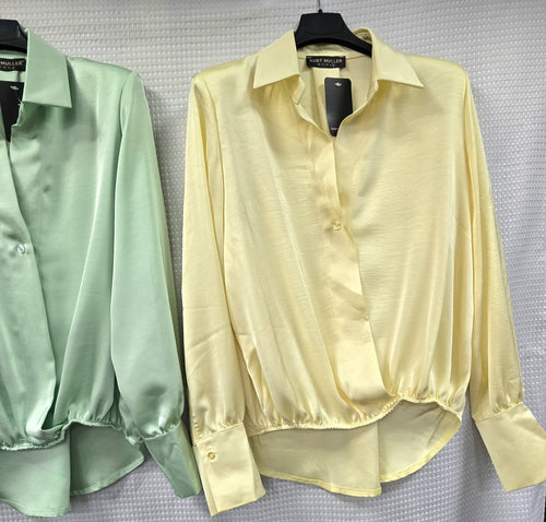 Sateen V Collar High Low Padded Shoulder Blouse