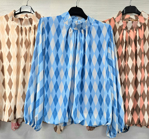 Harlequin Diamond Print Bubble Hem Blouse
