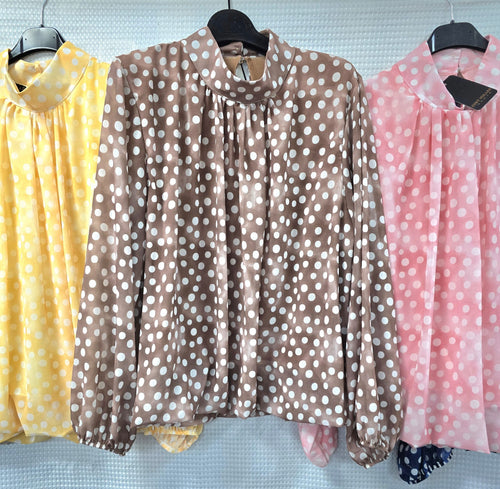 Vintage Polka Dot Print Bubble Hem Blouse