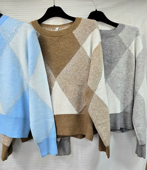 Argyle Crew Neck Diamante Knit Jumper
