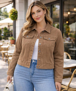 PLUS SIZE Dark Beige Camel Denim Cotton Jacket