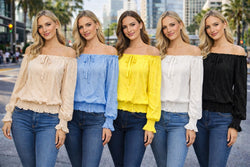 Textured Wave Bardot Ruffle Blouse