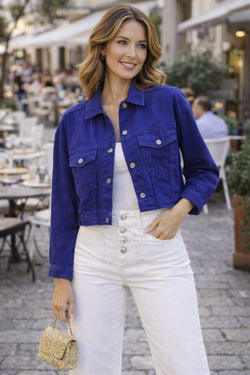Royal Blue Cotton Crop Denim Jacket