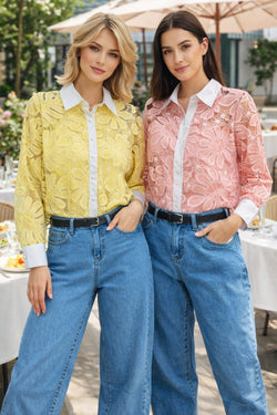 Contrast Collar Lace Crochet Cotton Shirt