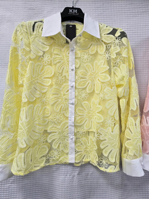 Contrast Collar Lace Crochet Cotton Shirt