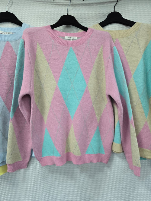 Soft Touch Crew Neck Argyle Diamond Knit