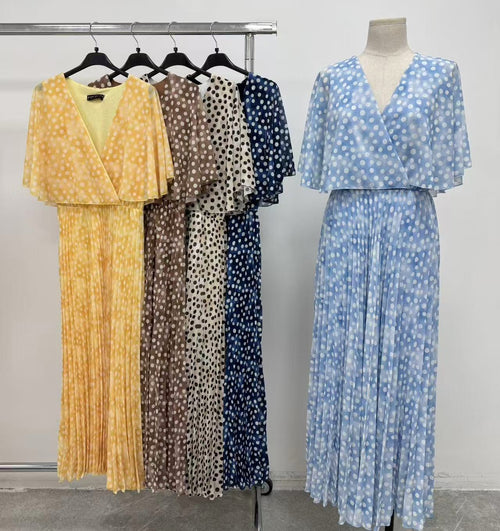 Vintage Polka Dot Cape V Pleated Maxi Dress