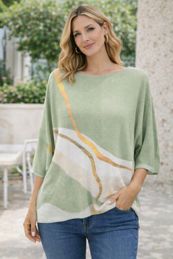 Crew Neck Marble Print Fine Knit Top