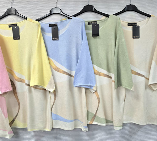 Crew Neck Marble Print Fine Knit Top