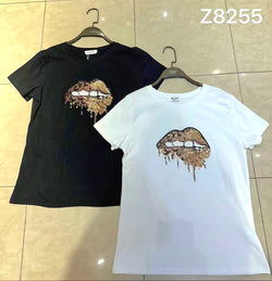 Golden Sequin Lips Cotton T-shirt Top