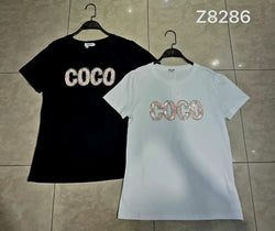 Sequin Pearl Stud Coco Cotton T-shirt Top