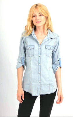 Cotton Bleached Washed Denim Pearl Button Shackets