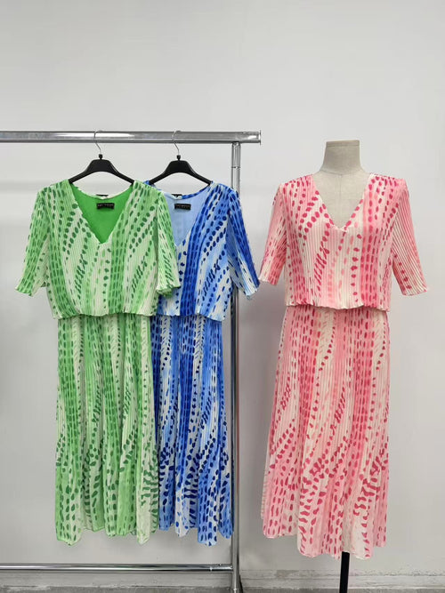 Opal Printed V Plisse Pleated Maxi Dress