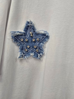 Cotton Crystal Stud Denim Patch T-shirt